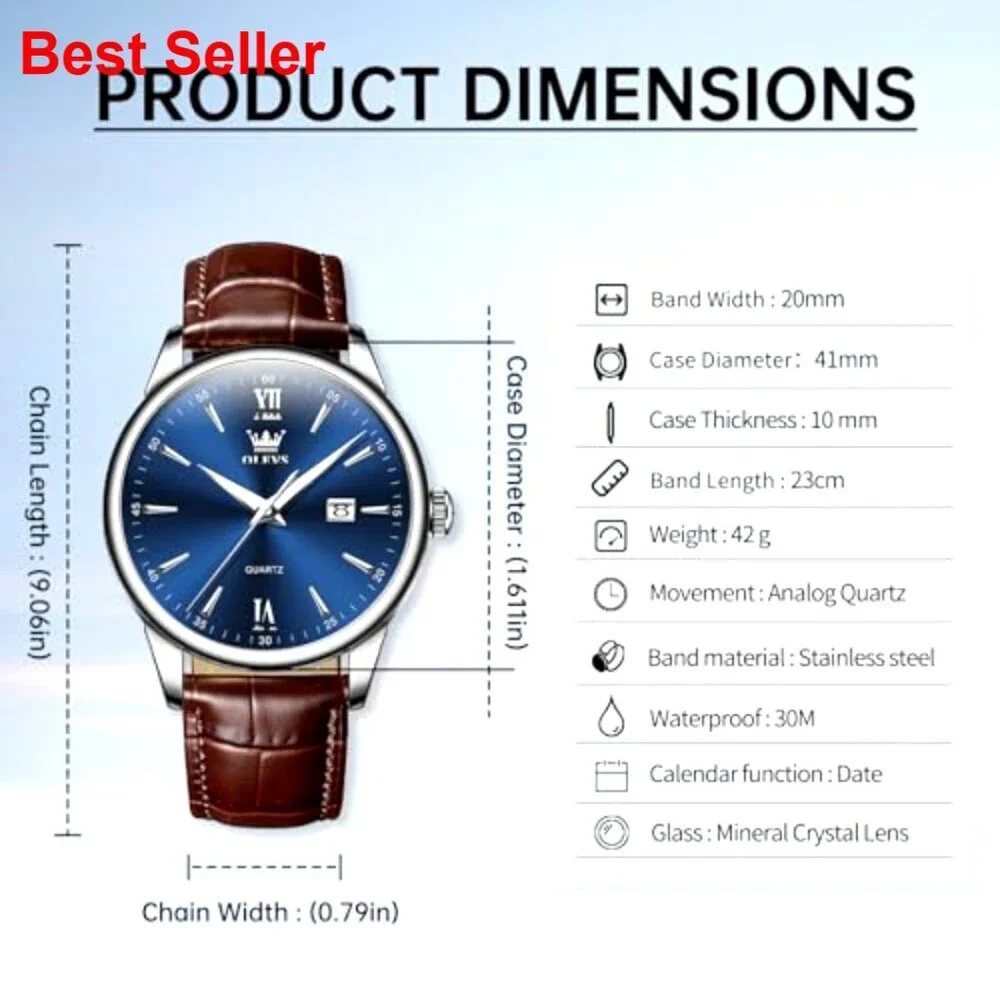 Classic Silver Men's Watch, Waterproof Stainless Steel Roman Numbers
